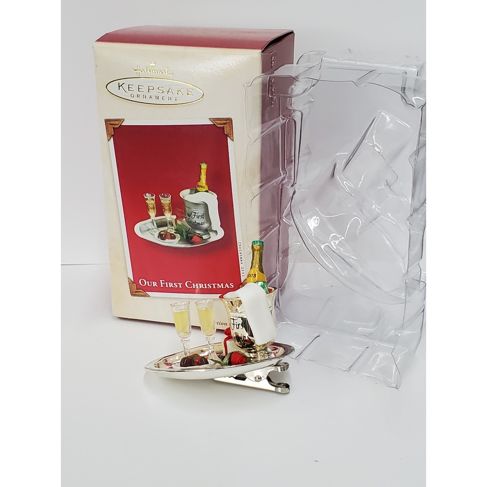 Hallmark Keepsake 2003 Our First Christmas Champagne Tray Clip-On Ornament Boxed